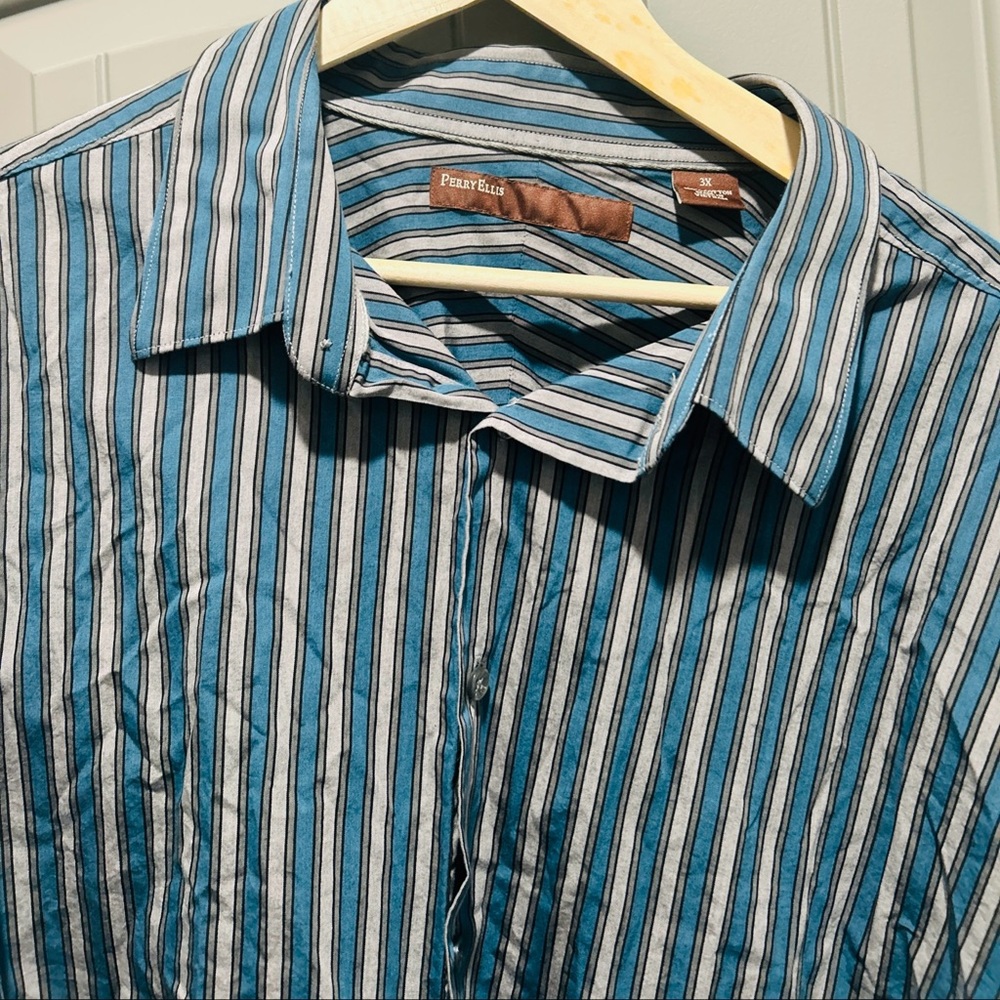 Perry Ellis Teal and Gray Striped Shirt